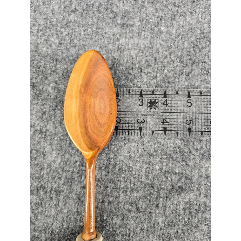 Vtg Salad Servers Set Tan Wood w/ White Ceramic Leaf Handles‎ 70s Cottagecore
